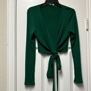Reformation Deep Green Ribbed Tie-Front Long Sleeve Top